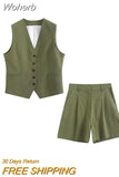 2023 Women Summer 2 pieces sets Fashion Solid Linen Vests Coats and Shorts Female Linen Casual Street Two Suits Clothing-Outfit
