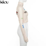 Kliou high quality fashion print bodycon soft tees crop top spring new long-sleeve casual elastic harajuku streetwear