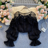 Mesh Splice Blouse Women Elegant Solid Puff Sleeve Lace Ruffles Blouses Autumn Casual Loose Streetwear