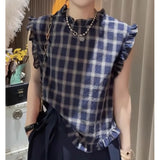 Thin Shirt In The Lattice Wood Ear 2025 Summer Large-Size Hong Kong Version Of The Unique Retro Thin