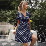 Women's Wear Station Summer Wave Dot Sexy V-Neck Short-Sleeved Dress-Outfit