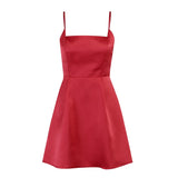 Elegant Pleated Spaghetti Strap Party Dress Satin Backless Casual Women 2021 Summer Fit and Flare Dress Lady