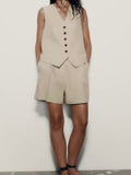 2023 Women Summer 2 pieces sets Fashion Solid Linen Vests Coats and Shorts Female Linen Casual Street Two Suits Clothing-Outfit