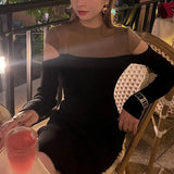 Winter Elegant Fashion Hollow Out Spliced Sweater Bodycon Dress Women Long Sleeve Vestidos De Fiesta Lady Casual Dresses-Outfit