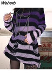 Grunge Striped Knitted Sweater Women Long Pullovers Loose Thin Punk Sweaters Jumpers Mujer Jersey Chic Streetwear 729-0-Outfit