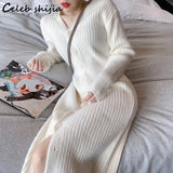 Elegant Woolen Dress Women Winter Autumn 2022 Single-breasted V-neck Sweater Dresses Ladies Chic Runway Knitted