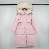 Large Natural Raccoon Fur Hooded Long Down Coat Women Winter 90% Duck Down Parkas Female Thickness Sash Tie Up Jackets-Outfit