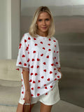 New Sexy Women's Love Mesh Splicing Loose Basic Round-Neck Short-Sleeved