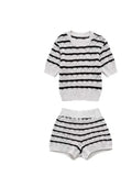 Striped High Waist Knitted Shorts Suit For Women Chic O Neck Short Sleeves Crop Tee Set 2024 Summer Lady Vacation Outfit-Outfit