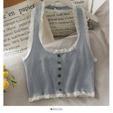 Lace tank corset top women halter neck sweater vest clothes sweet kawaii girly sleeveless vest summer single-breasted crop