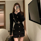Autumn winter new in Chic Red knit dress women long sleeves O-Neck Button elegant Party dresses-Outfit