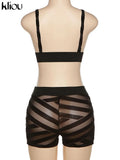 Kliou Mesh Patchwork Two Piece Set Women Sexy Solid Deep V-Neck Crop Tops+ See Through High Waist Skinny Female Matching