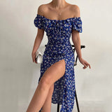 Elegant Off Shoulder Floral Print Dresses For Women 2023 Sexy Short Sleeve A-Line Split Midi Dress Party Dress Vestidos-Outfit