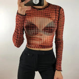 Vintage Mesh Sheer T-shirt See Through Long Sleeve Skinny Crop Top 90s Women Tees Harajuku Streetwear E-girl Gothic