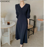 Chic Korean Fashion Women Temperament Office Lady Elegant Work Basic Wear Girls Retro Vintage Long Shirt Dress Fenimine