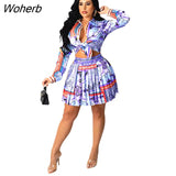 Piece Set Women Fashion Printed Shirt Pleated Skirt Suit Ladies Casual Two Piece Suit-Outfit
