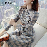 Autumn Elegant Fashion Stand Collar Vintage Plaid Ruffles Dresses Female Waist Belt Robe Long Sleeve Sweet Dress Vestidos-Outfit