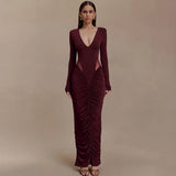 2025 New Solid Color Long-Sleeved Deep V-Neck Sexy Folded Empty Bag Dress Dress
