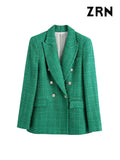 Women Fashion Double Breasted Tweed Green Blazer Coat Vintage Long Sleeve Flap Pockets Female Outerwear Chic Veste-Outfit