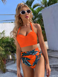 New High Waist Bikini Leaf Print Swimsuit Women Push Up Swimwear Female Halter Bathing Suit Vintage Swimming Suit