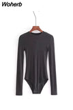 and winter Sexy round neck long sleeve bodysuit solid color threaded cotton t-shirt Slim all-match elastic bodysuit ins 729-0-Outfit