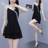 Summer New Korean Women Sets Patchwork Blouse And Casual Shorts Female