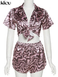 Kliou Camouflage Print Two Piece Set Women Summer Hot Beach Notched Sexy Cleavage Female Tops+Casual Lace Up Silky Skinny