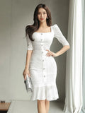 2 Piece Outfit Elegant Women Chic White Square Collar Short Crop Tops Shirt Blouse Mermaid Midi Skirt Slim Femme Mujer Sets-Outfit