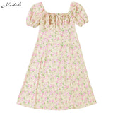 Autumn French Romance Retro Dresses Women Casual Floral Print Square Collar Puff Sleeve Clothing Midi Dresses Lady