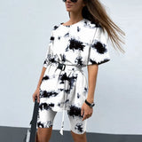 New Casual Tie Dye Women Two Piece Sets With Belt Home Loose Sports Tracksuits Fashion Leisure Bicycle Suit Summer