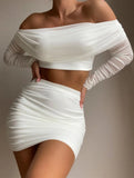 Sexy Mesh Ruched Off Shoulder Long Sleeve Cropped Top and Mini Pencil Skirts 2 Piece