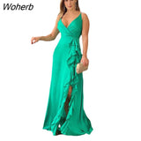 Elegant Satin Party Dress Women Fashion Sexy Suspenders Ruffled Slit Maxi Dress Women-Outfit