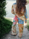 2023 Women Summer 2-Pieces Sets Vintage Print Loose Shirts Tops and Trousers Female ELegant Street Two Suits Clothing-Outfit