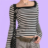 Cute Grunge Aesthetic Striped T-Shirts Harajuku Slim Spring Tee Preppy Style Streetwear Alt Emo Academia Tops