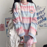 T-shirts Women Rainbow Japanese Style Kawaii Pink Loose Leisure BF Harajuku College Students Female Top Lady