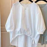 Puff Sleeve Doll Shirt Korean Solid Causal Asymmetrical Pleated Blouse Drawstring Women Oversize Loose Top Blusas Mujer 703-0-Outfit