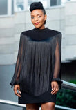 Sexy Black Long Sleve Bodycon Dress and Fringe Tassels Top Set 2 Piece