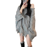 Woherb Sister Restore Ancient Ways Broken Edge Twist Sweater Female Autumn Winter Trend Wind Show Shoulder Design Feeling Loose Head Knit Jacket Female-Outfit