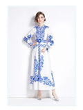 Retro Elegant Print Dress Women's Spring New French Court Style Waist Single Buckle Long