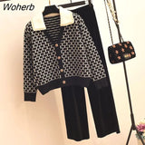 Women'S Korean Elegant Knitted 2 Piece Outfits Chic Plaid Black/Beige Cardigan Coats Sets Knitwear Wide Leg Pants Tracksuit-Outfit