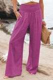 Summer 2022 Cotton Linen Style Women Loose Long Trousers Leisure Solid Color High Waist Ruched Beach Wide Leg Pants with