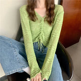 Woherb Out Thin Jacket Summer 2024 New Draw Rope V Collar Short Money Wearing Sunscreen Shirt Sweet Spicy Short Sleeve Knit Women-Outfit