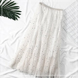 Elegant Korean Women Tulle Skirt Fashion Sequin Star Summer Mesh Ladies Long Skirt Elastic High Waist Party White