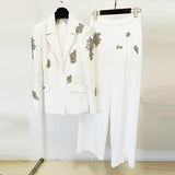 Fashion New Heavy Industry Nails Diamond A Buckle Suit Jacket Wide Leg Trousers Set