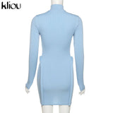 Kliou Knitted Stitching Mini Dress Women Hipster Skinny Three-Dimensional Decoration Bodycon Long Sleeve Turtleneck