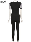 Kliou Mesh Patchwork Jumpsuits Women Fashion Skinny Short Sleeve Zipper Elastic Cleavage Rompers Streetwear Female