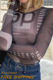 Graphic Print Green Mesh Sheer T-shirt Long Flare Sleeve Slim Crop Tops Sexy See Trough Women Tops Y2K Vintage Grunge-Outfit