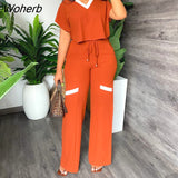 Pieces Pants Sets Women Draw String Wide Leg Pants & Short Sleeve T-shirt-Outfit