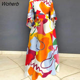 Fashion High Waist Long Dress Women Casual Elegant Printing Flare Sleeves Floor Dress Women-Outfit
