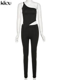 Kliou Concise 2 Piece Set Women Sexy Skew Collar Crop Tops+Pencil Pants Matching Outfit Girl Hot Skinny Classic Street